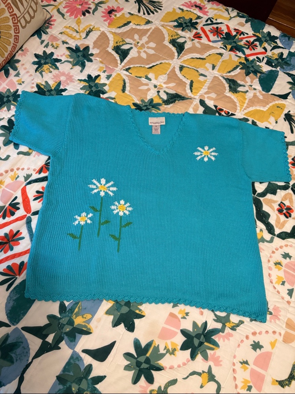 Monterey Bay Turquoise Daisy Knit V-Neck Sweater